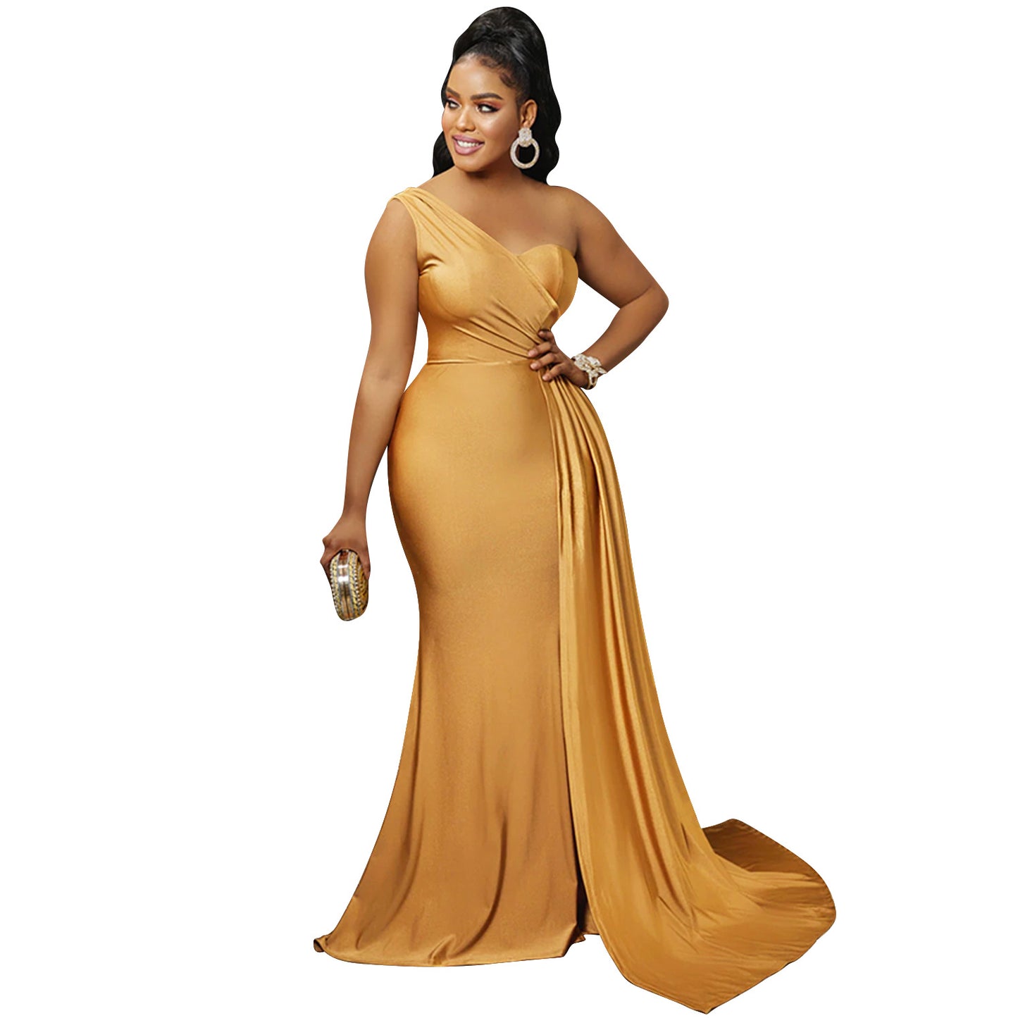 Solid-color Party Bodycon One-shoulder Sleeve Dress