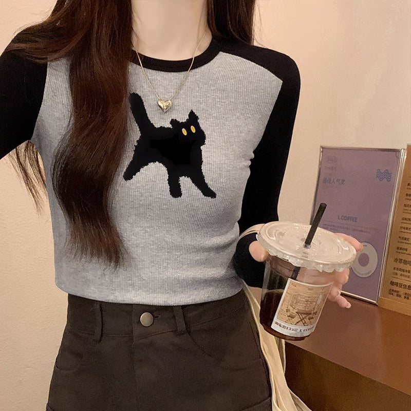 Women's Long-sleeved T-shirt Early Autumn Printed Design Color Contrast Bottoming Shirt Top