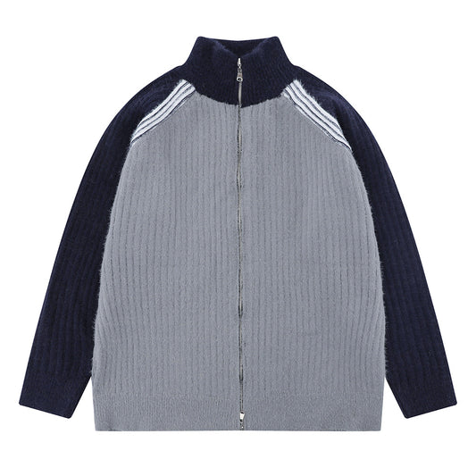 Color Matching Raglan Long Sleeve Stand Collar Sweater Coat
