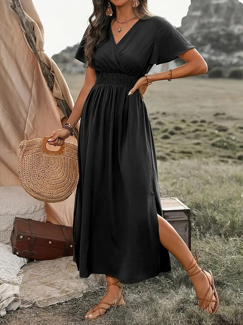 V-neck Long Skirt Casual Resort Short-sleeve Dress