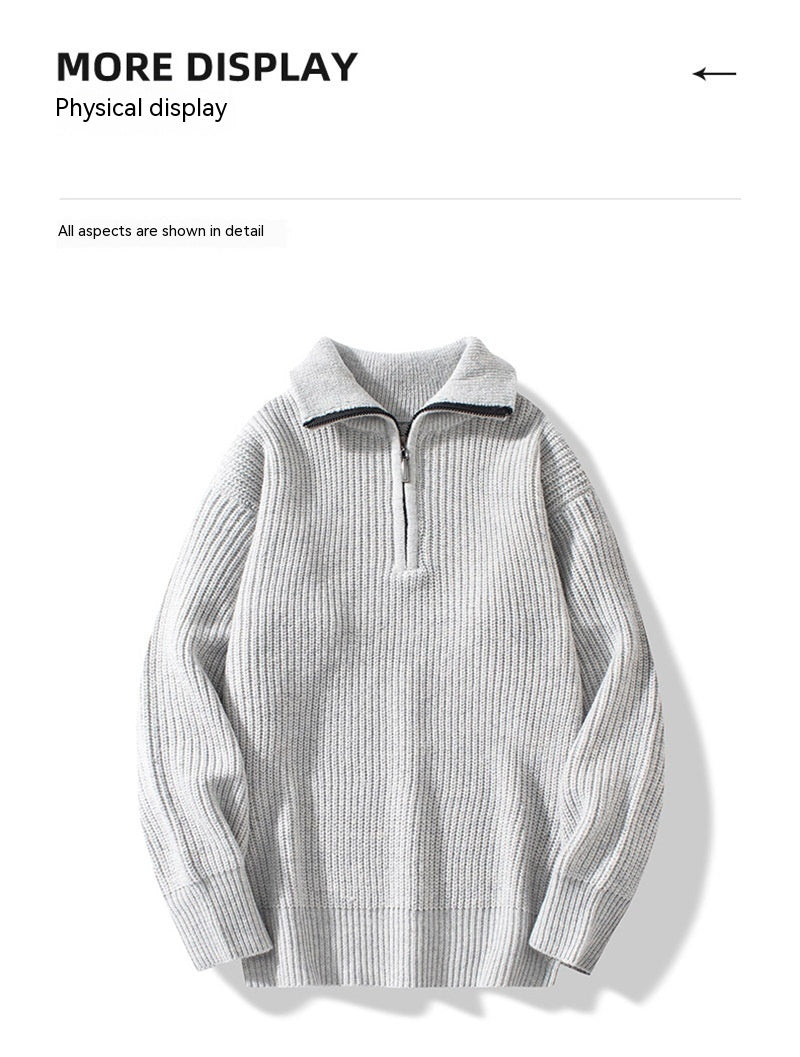 Fashion Half Cardigan Loose Sweater Vertical Sunken Stripe Pullover
