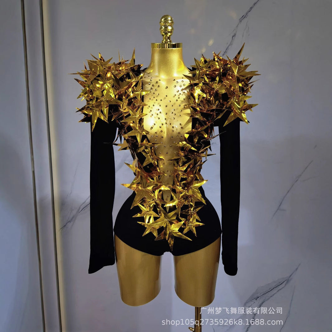 Sexy Golden Three-dimensional Five-pointed Star Exaggerated High Padded Shoulder Jumpsuit