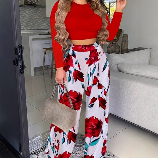Two-piece Printed Long-sleeve Pants Set For Women