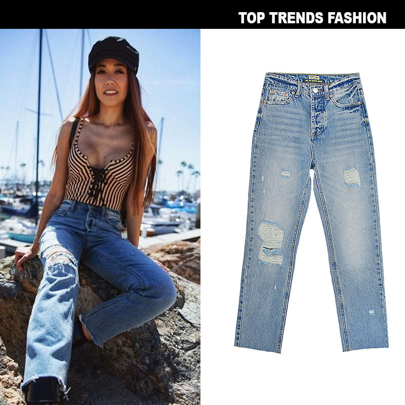 Washed cat whiskers straight frayed jeans