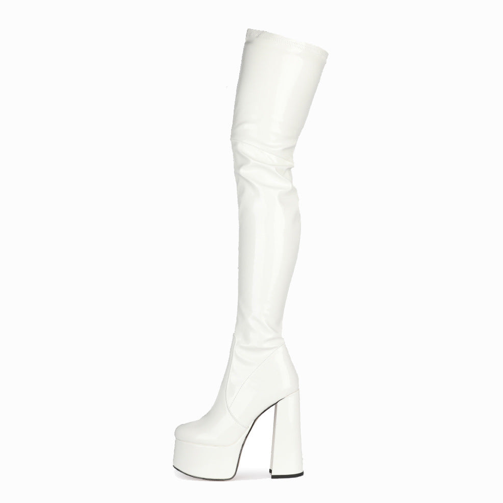 Womens Patent Leather Over-the-knee Booties With A Round Heel That Slim The Legs