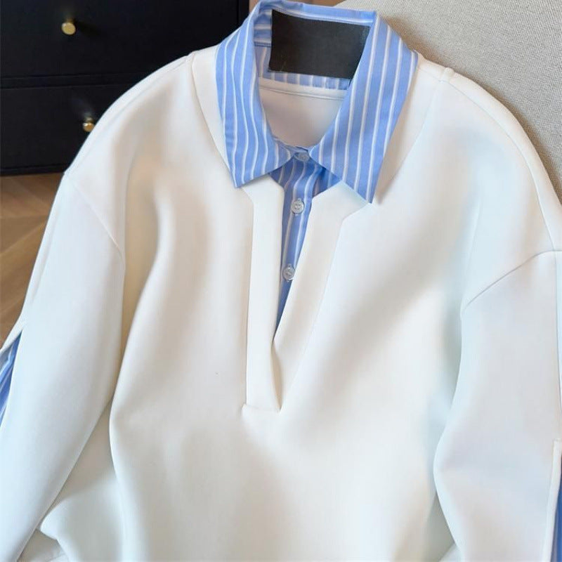 Women's Faux Two-Piece Striped Patchwork Collar Shirt-Hoodie Top