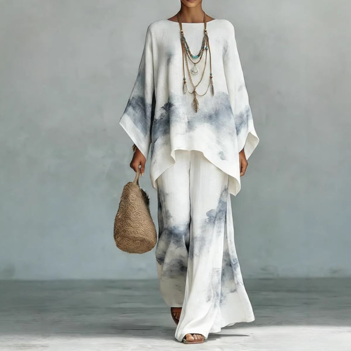 Women's Floral Print Linen Wide-Leg Two-Piece Set