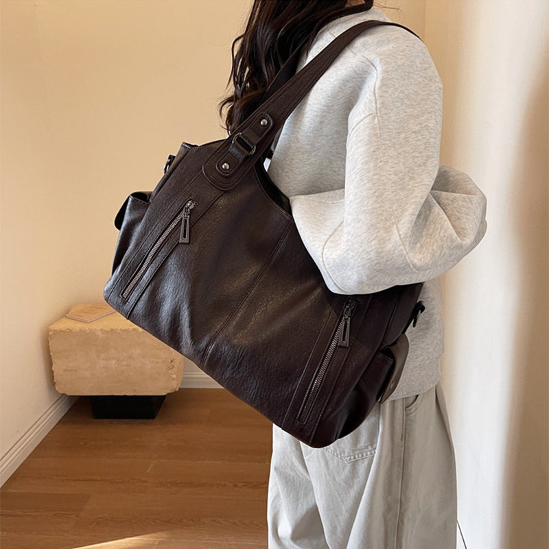 Retro skuldertasker med stor kapacitet efterår og vinter lynlåstaske til kvinder håndtasker