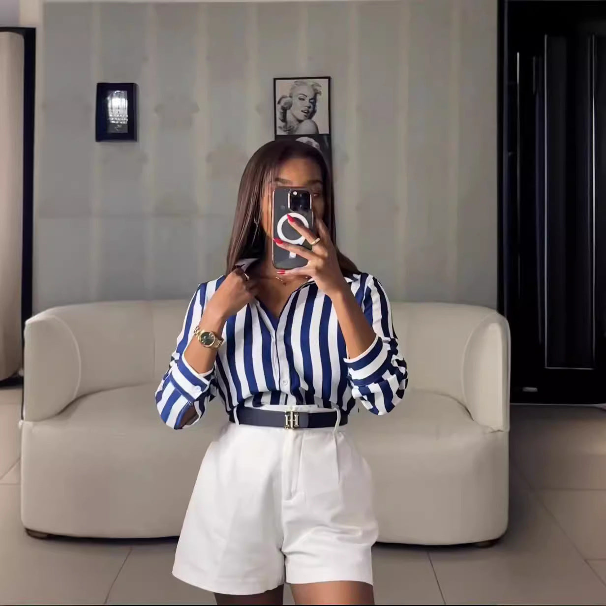 Fashionable And Versatile Blue Striped Shirt