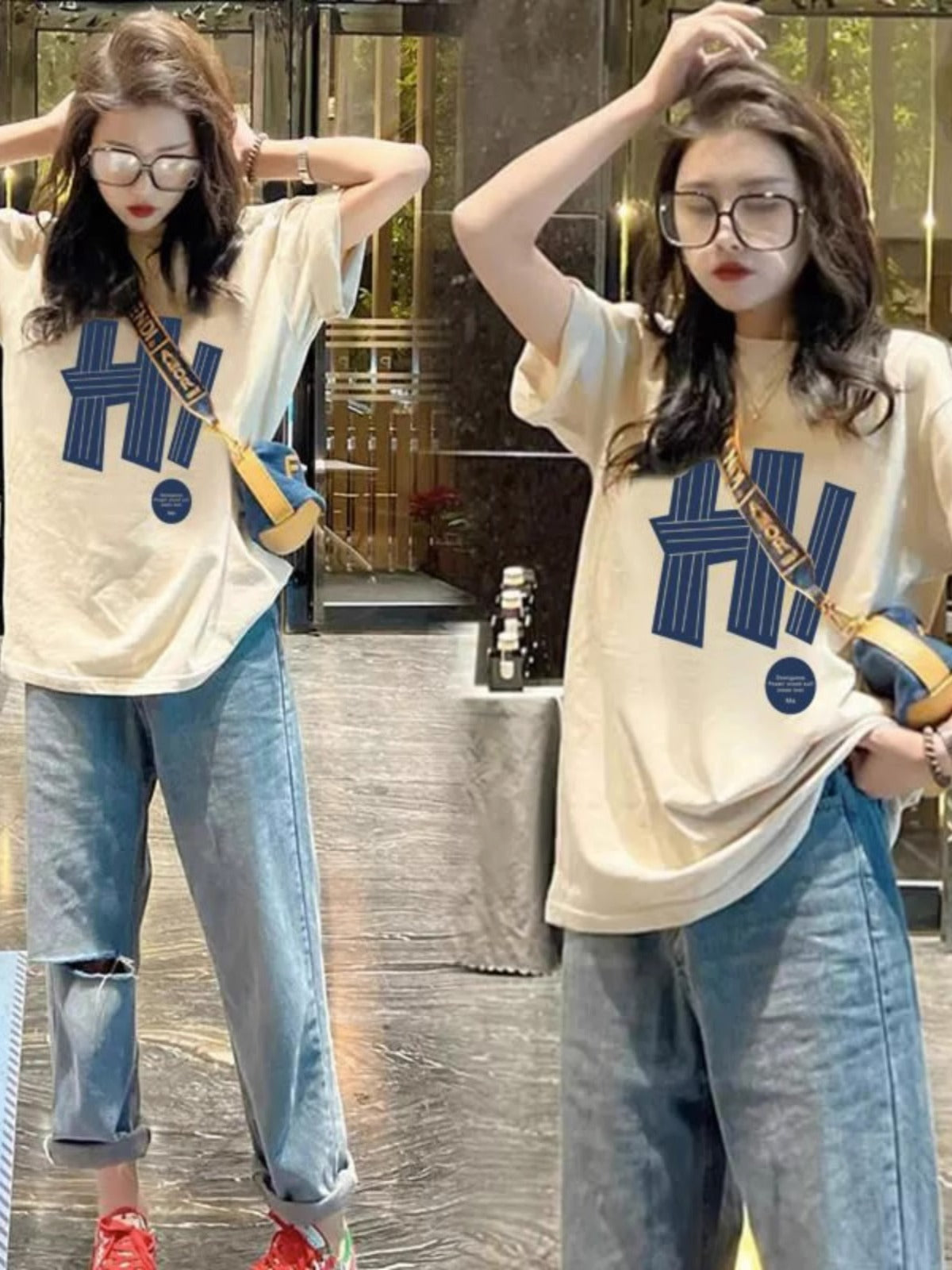 All-matching Letter Print Short-sleeve T-shirt Women's Round Neck Top