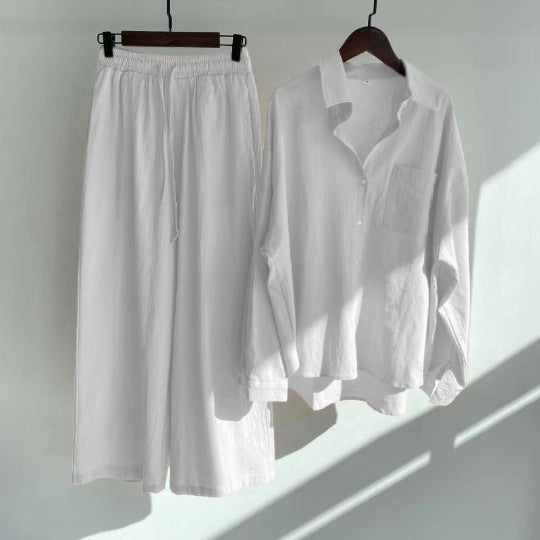 Women's 2-piece Retro Plus Size Shirt Outfit High Waist Loose Trousers