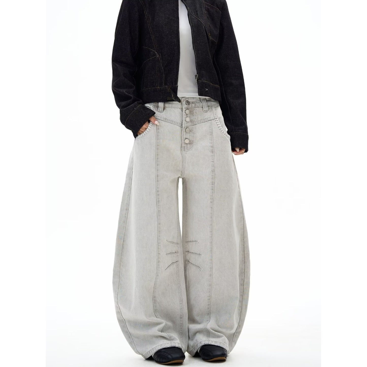 Ice-Feel Tencel Scimitar-Shape Wide-Leg Denim Jeans