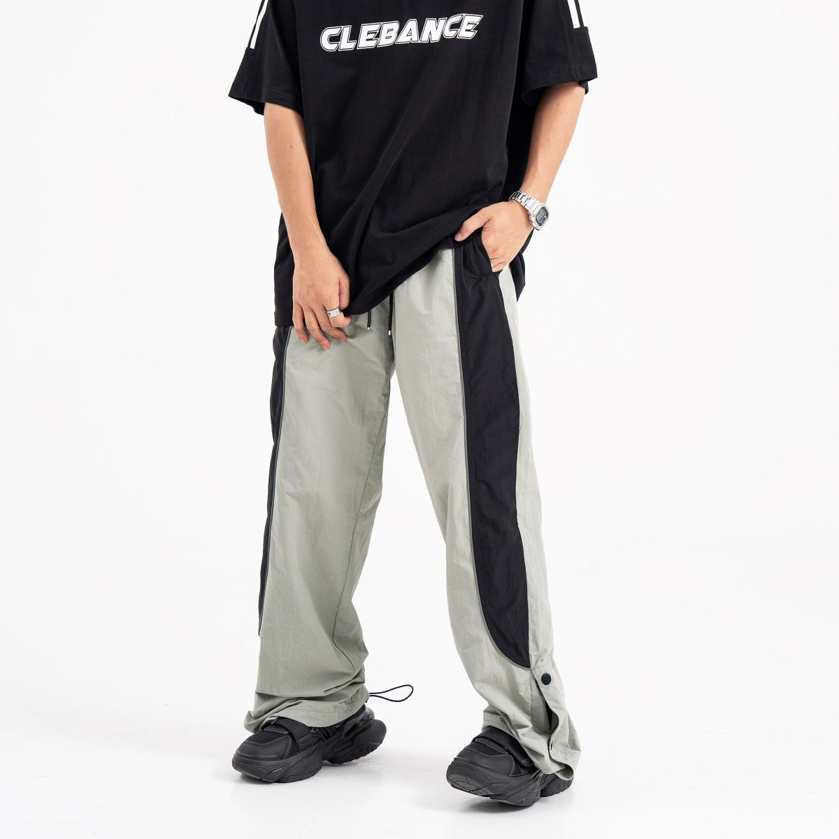 Contrast Color Track Sweatpants Snap Fastener Split Stitching Casual Trousers