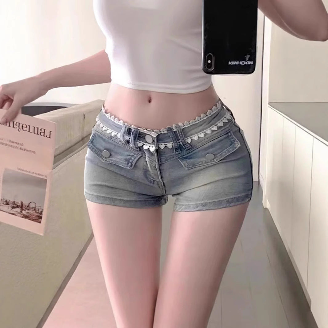 French Lace-Trimmed Hip-Fitting Denim Shorts