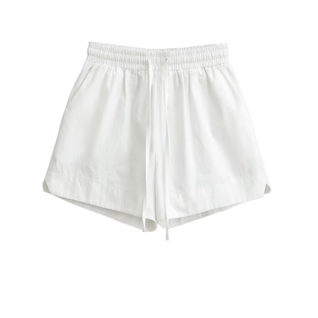 Summer Retro White High-waist Loose Drawstring Shorts Women's Fashion Casual