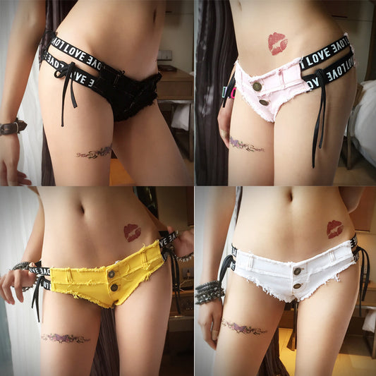 Strap Low Cut Super Mini  Jeans Shorts