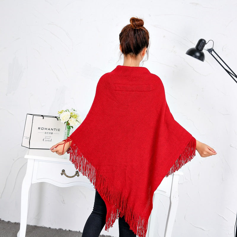 Fringed cloak shawl warmth and thick solid color
