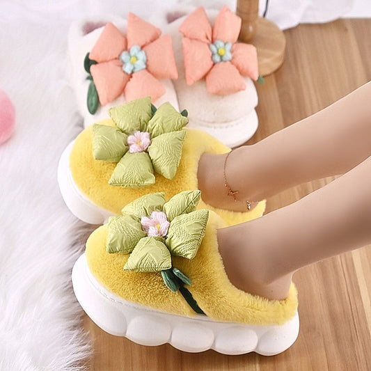 Flower Cotton Slippers With Plush Insulation And Thick Bottom Plush