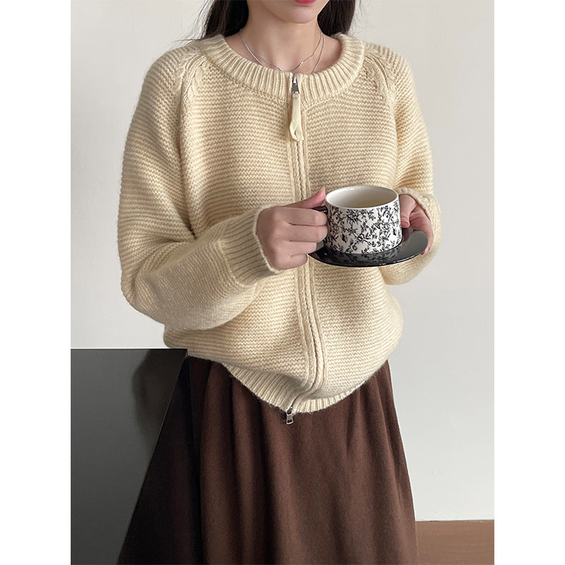 Sweater Double Zipper Sweater For Women Loose And Lazy Style Crew Neck Coat