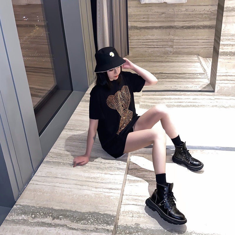 Gold Sparkling Hot Diamond Mid-length T-shirt Women