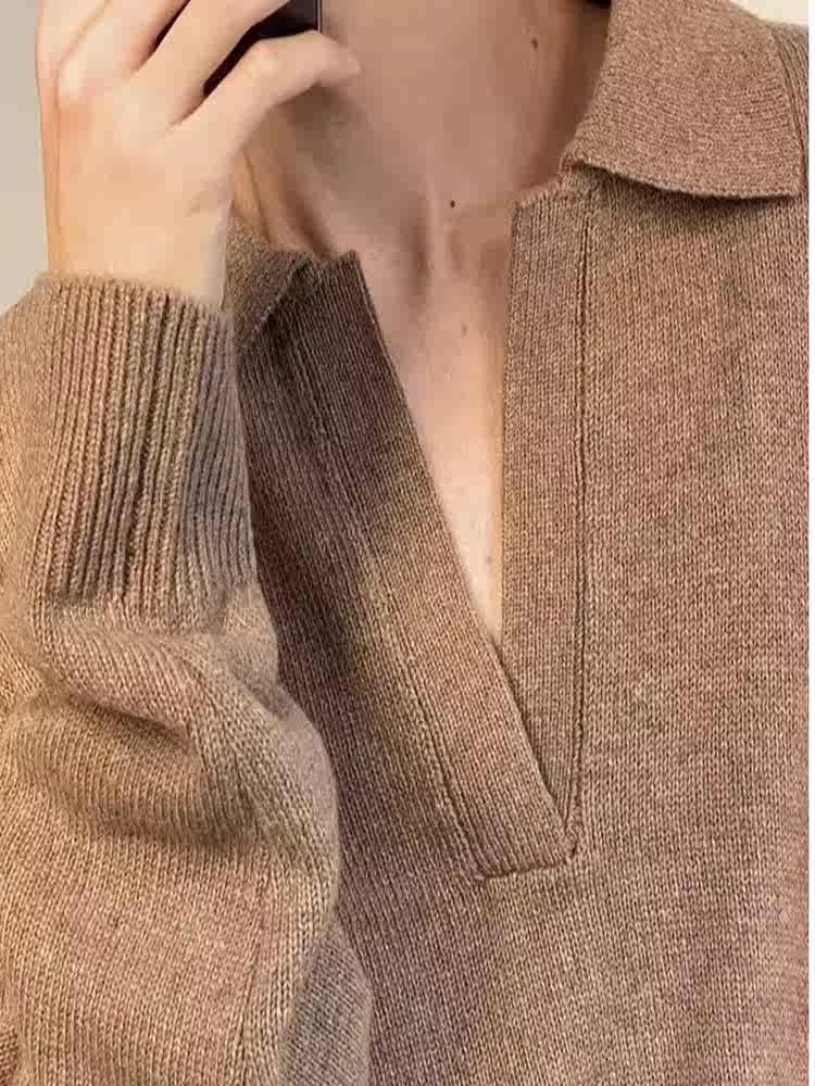 American Retro V-neck Solid Color Sweater