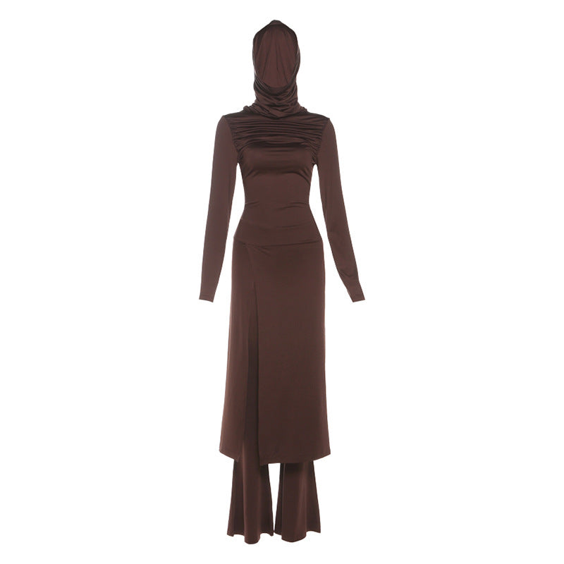 Fashionable Solid-Color Hooded Long-Sleeve Top And Slim-Fit Flared Pants Set