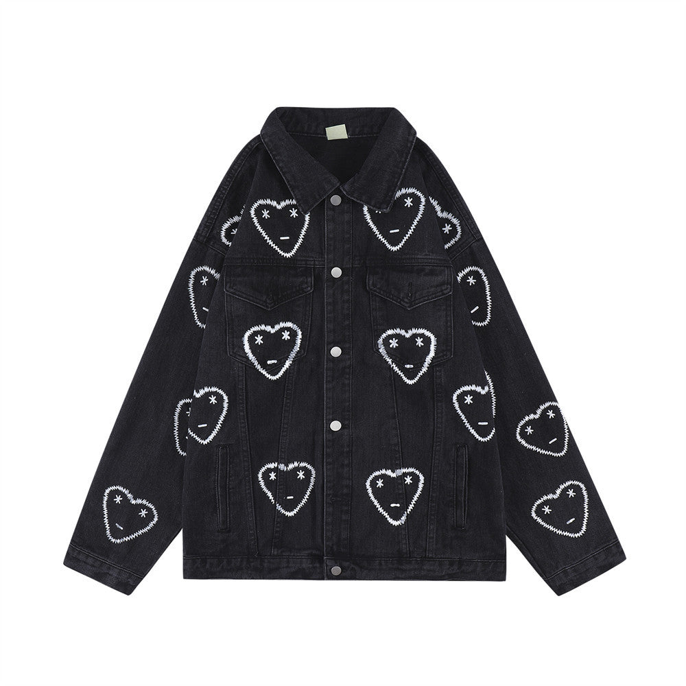 Love Full Printed Denim Clothing Loose Dimensional Patch Pocket Turn-down Collar Coat