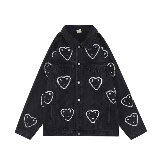 Love Full Printed Denim Clothing Loose Dimensional Patch Pocket Turn-down Collar Coat