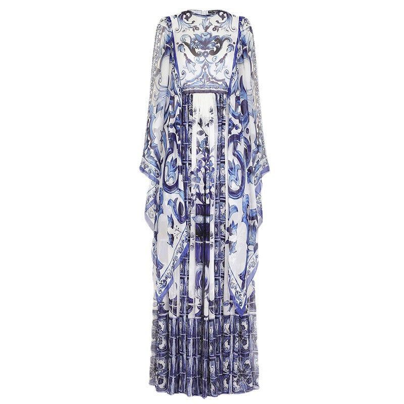 Blue And White Floral Printed Flowing Fairy Dress With Large Swing