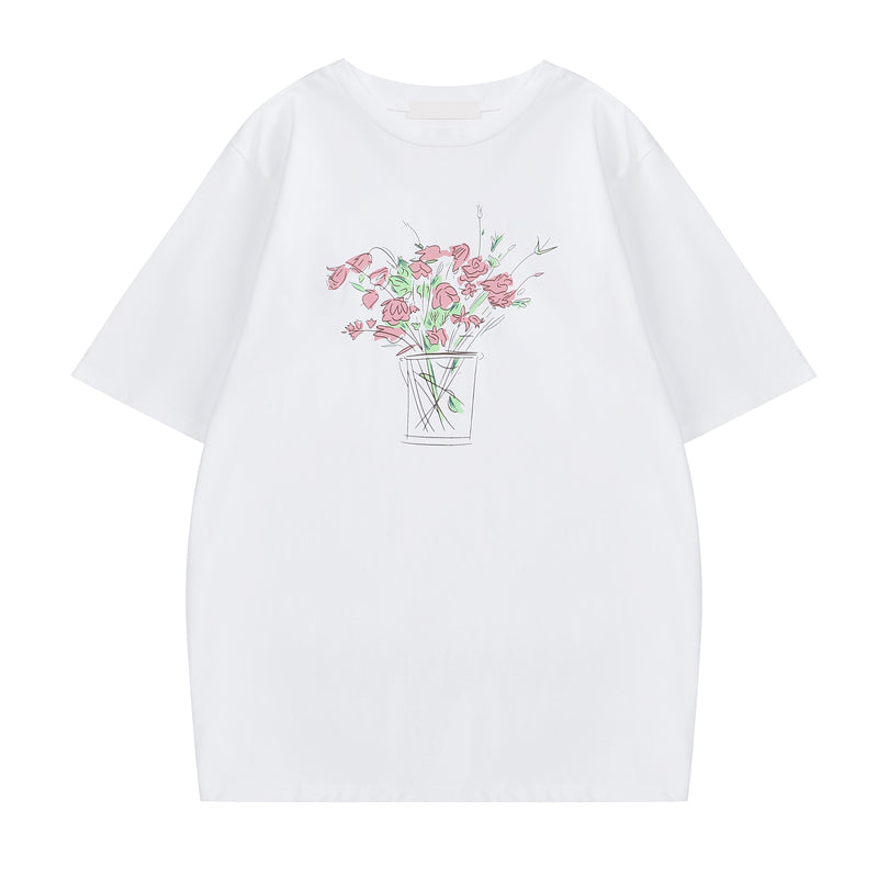 Women's Loose Rose Print Trendy Short Sleeve T-shirt