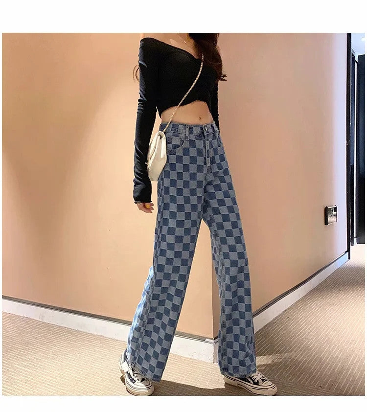 Checked Slacks With High Waists And Slimming