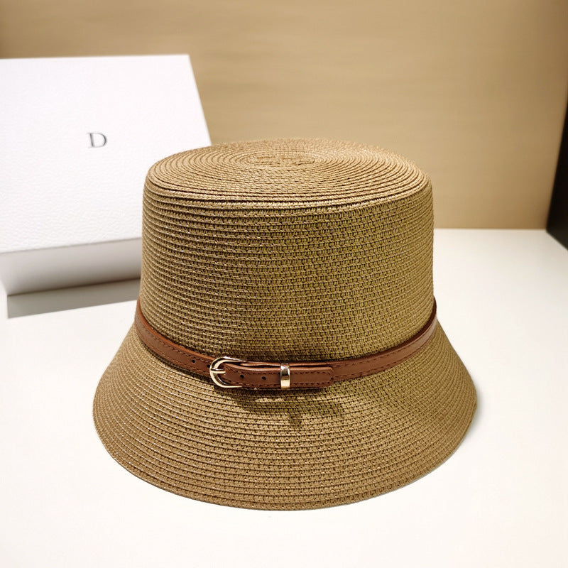Straw Breathable Flat Top Hat With Belt Buckle