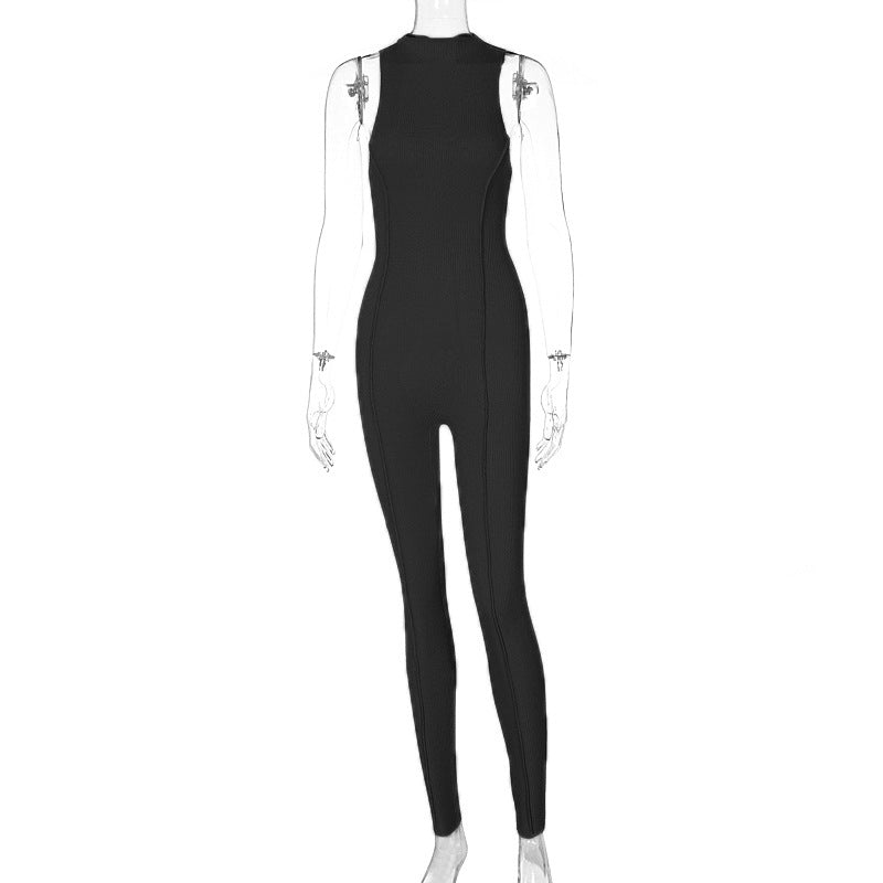 Pure Color Slim Sleeveless Sports Fitness Jumpsuit