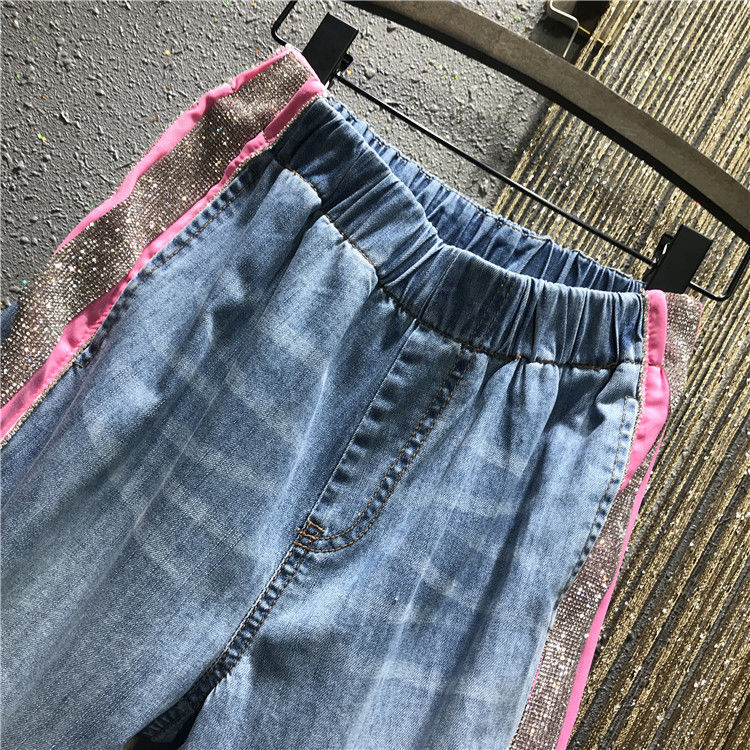 Hot Rhinestone Colorblock Elastic Waist Loose Large Size Thin Harlan Jeans