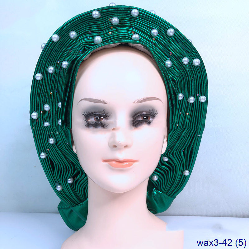 Arabian Large Pearl Women's Jacquard Pleated Braided Turban