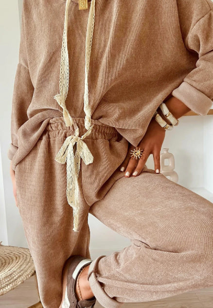 Parchment Thermal Textured Lace Leopard Drawstring Baggy Hoodie