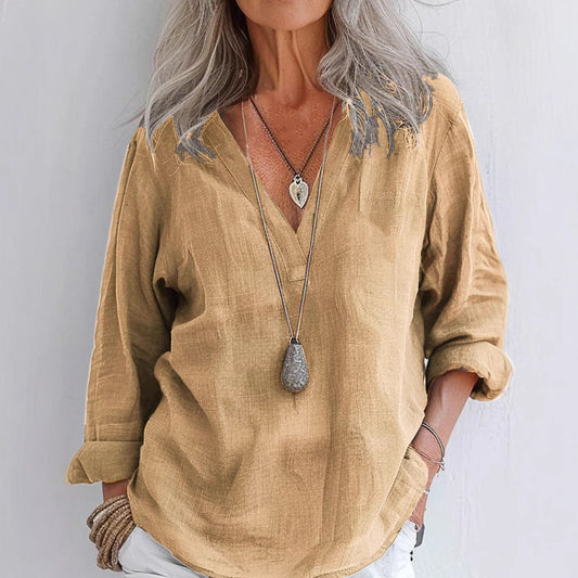 Fashionable Long-Sleeved Cotton-Linen Solid-Color Vintage V-Neck Pullover Shirt