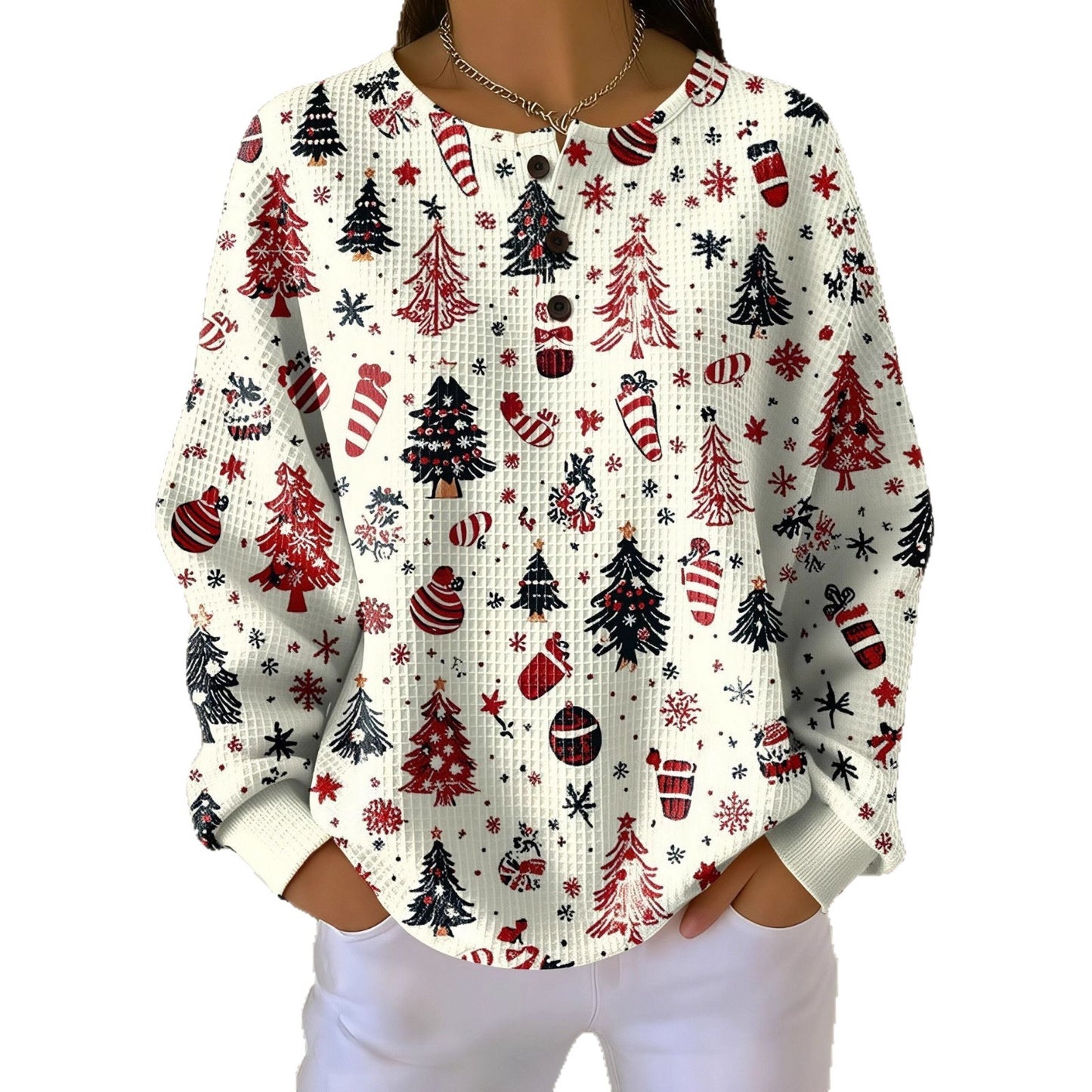 Retro 3D Digital-Print Three-Button Stand-Up Collar Sweater