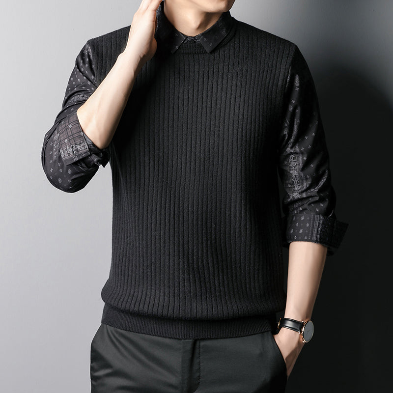 Autumn Men's Business Knitted Vest Stitching Top Fake Two Piece Sweater