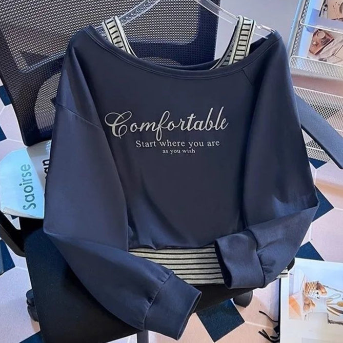 Plus size off-shoulder stribet patchwork falsk todelt sweater til kvinder – efterårsnyhed