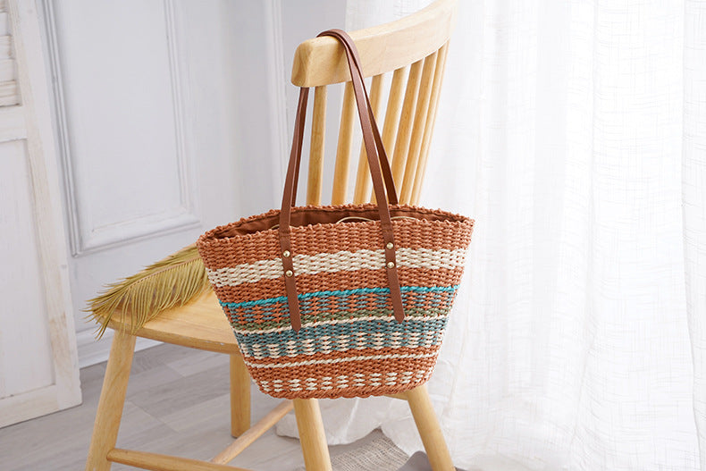 Colorful Striped Grass Braided Soft Leather Put Handbag Women's Large Capacity Braided