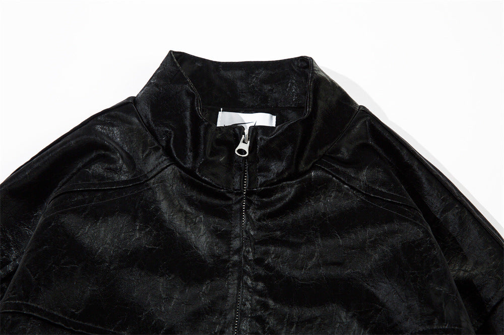 Men's Split Splicing Solid Color Loose Standing Collar Leather Jacket