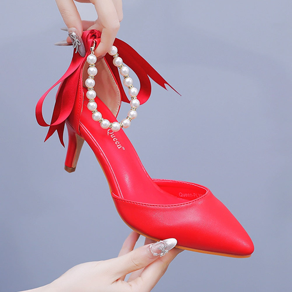 Mid Heel Rhinestone  7cm    Beaded Ribbon Sandals Matte Soft PU Leather Dress Shoes For Women