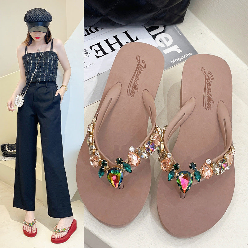 Women's Fashion Glass Peach Heart Rhinestone Thick Bottom Flip-flops
