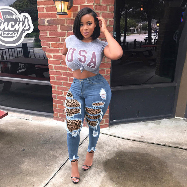 Personalized leopard cut hole skinny jeans