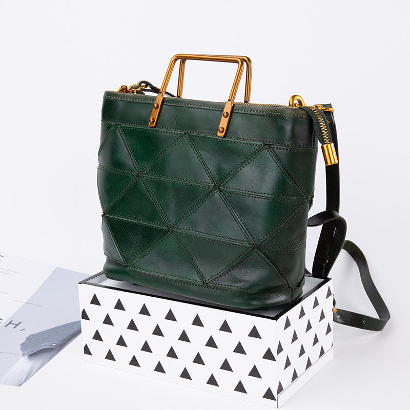 Geometric Stitched Cowhide Women's Bag Work Commute Literary Handbag