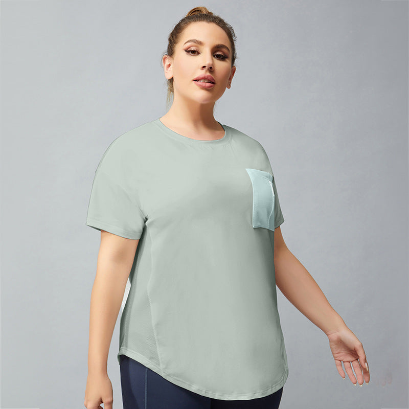 Women's Sports T-shirt Fitness Pocket Stitching Yoga Short Sleeve Sweat