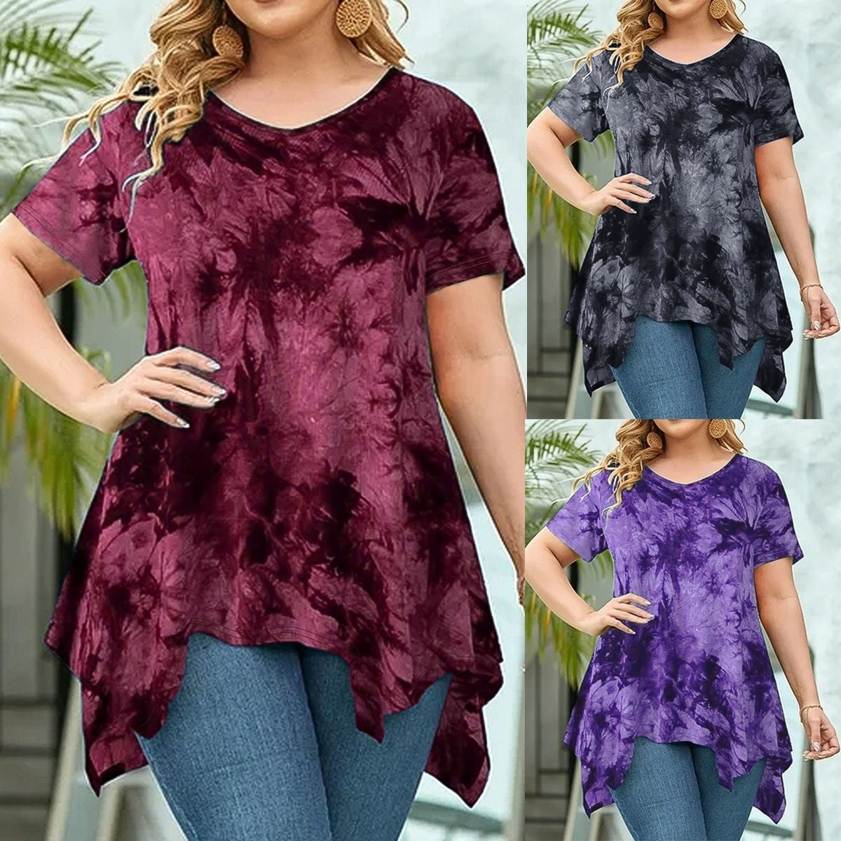 Tie-Dye V-hals Asymmetrisk Kant Kortærmet Løs Top