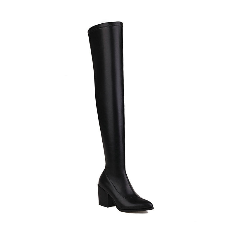 Over-the-knee Thick Heel High Heel Korean Style Slimming High Leg Boot Elastic Chunky Heel Pointed Thin