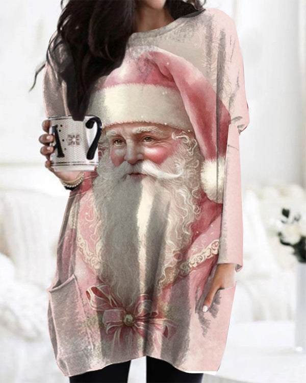 Printed Round Neck Long Sleeve Women's Bag Hip Dress